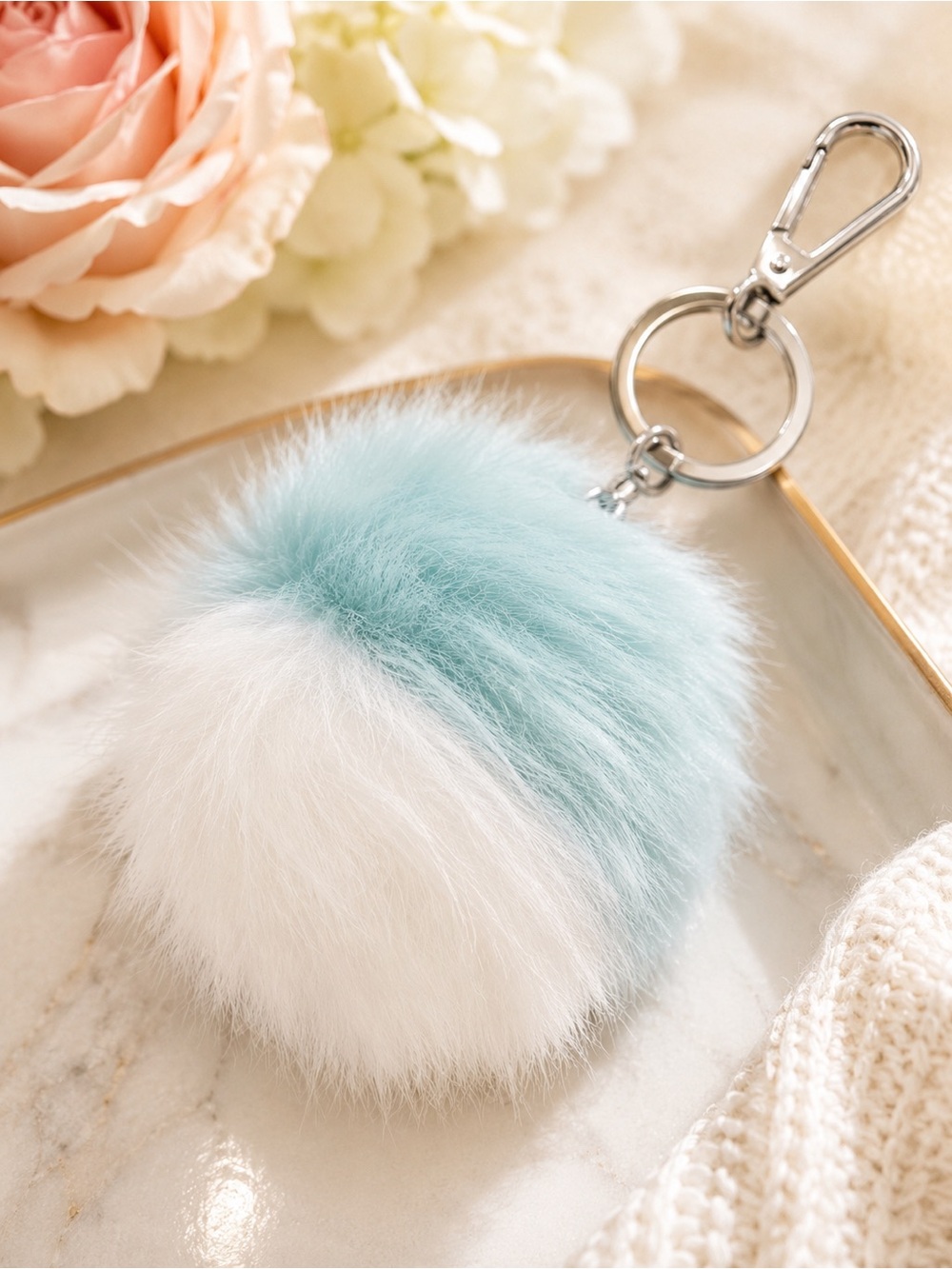 LC Lauren Conrad Blue White Faux Fur Pom Pom Keychain Bag Charm Y2K Coquette NWT